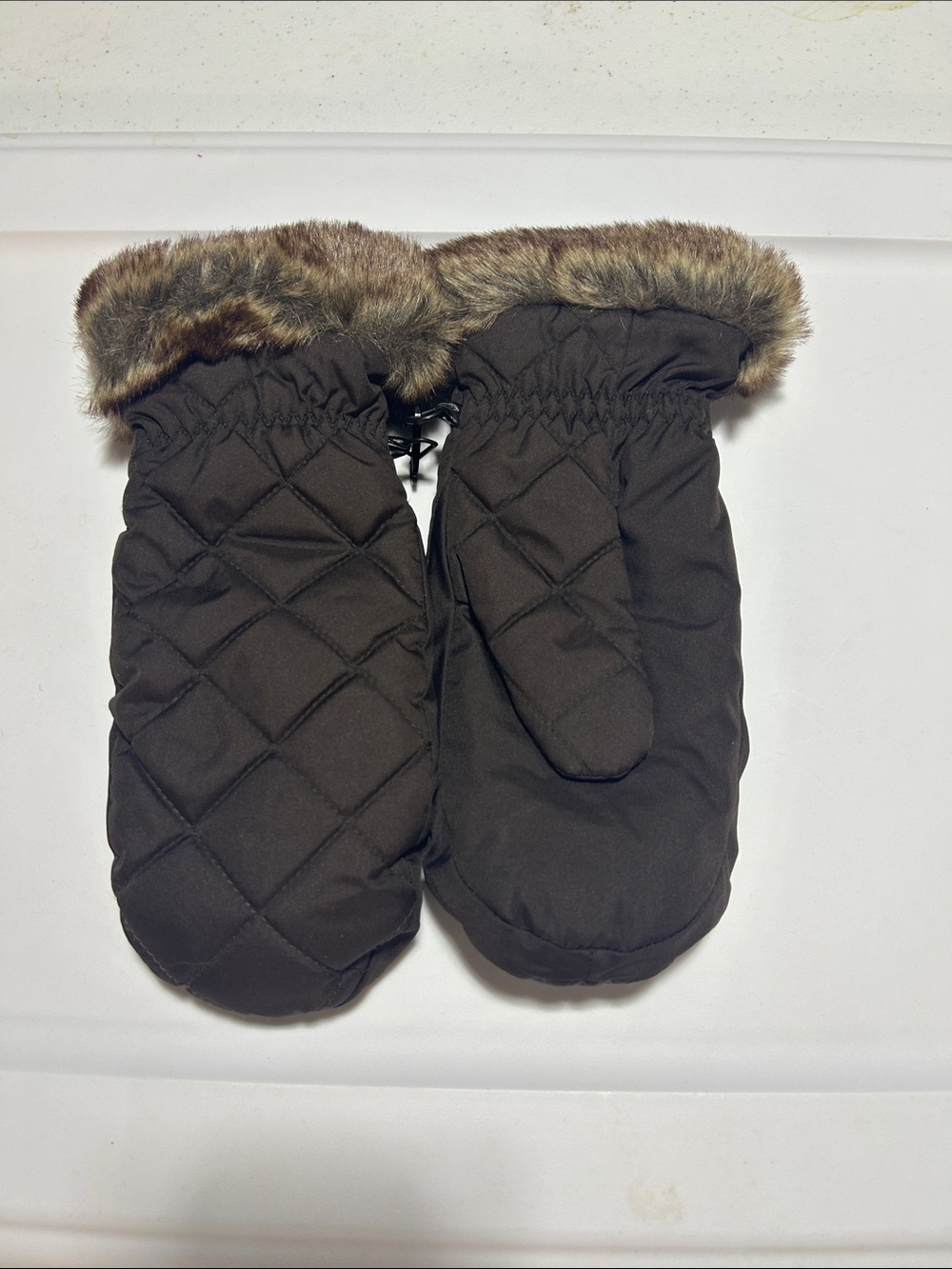 Eddie Bauer Brown Quilted Mittens with Faux Fur Cuff